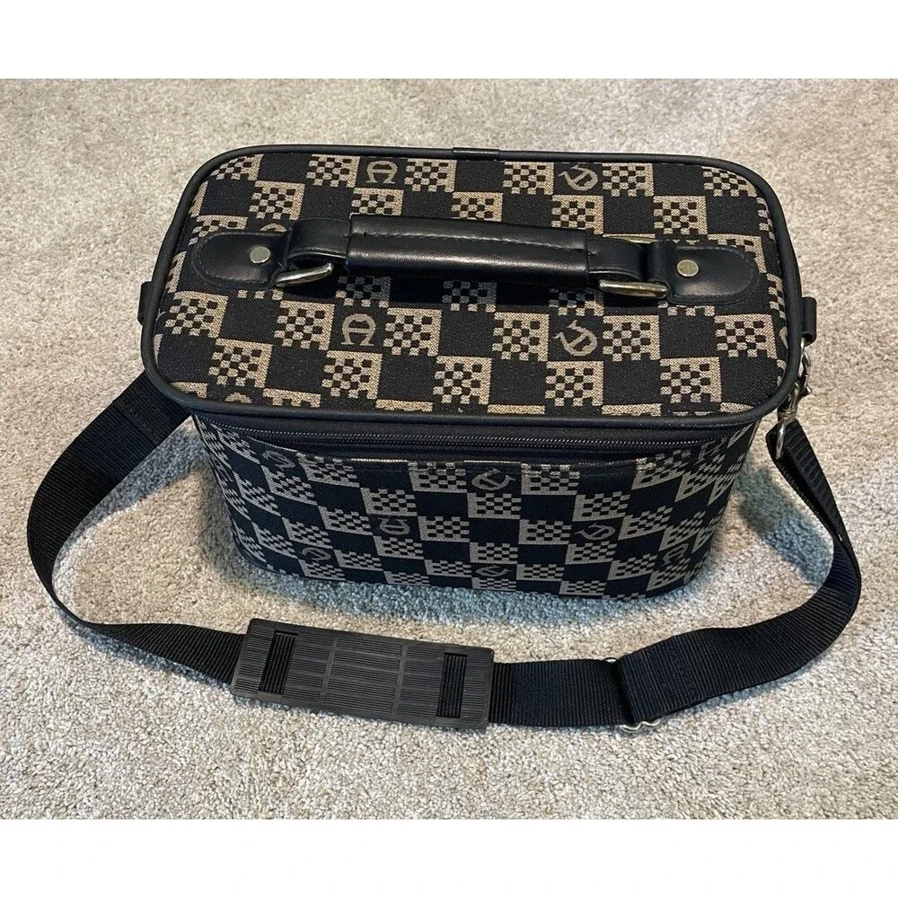 Etienne Aigner Checkered Tapestry Cosmetic Travel Bag Train Carry On Case Vtg